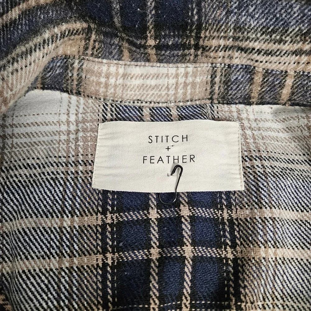 Stitch + Feather Plaid Oversized Shacket Jacket Women Blue‎ Tan White RN 149137
